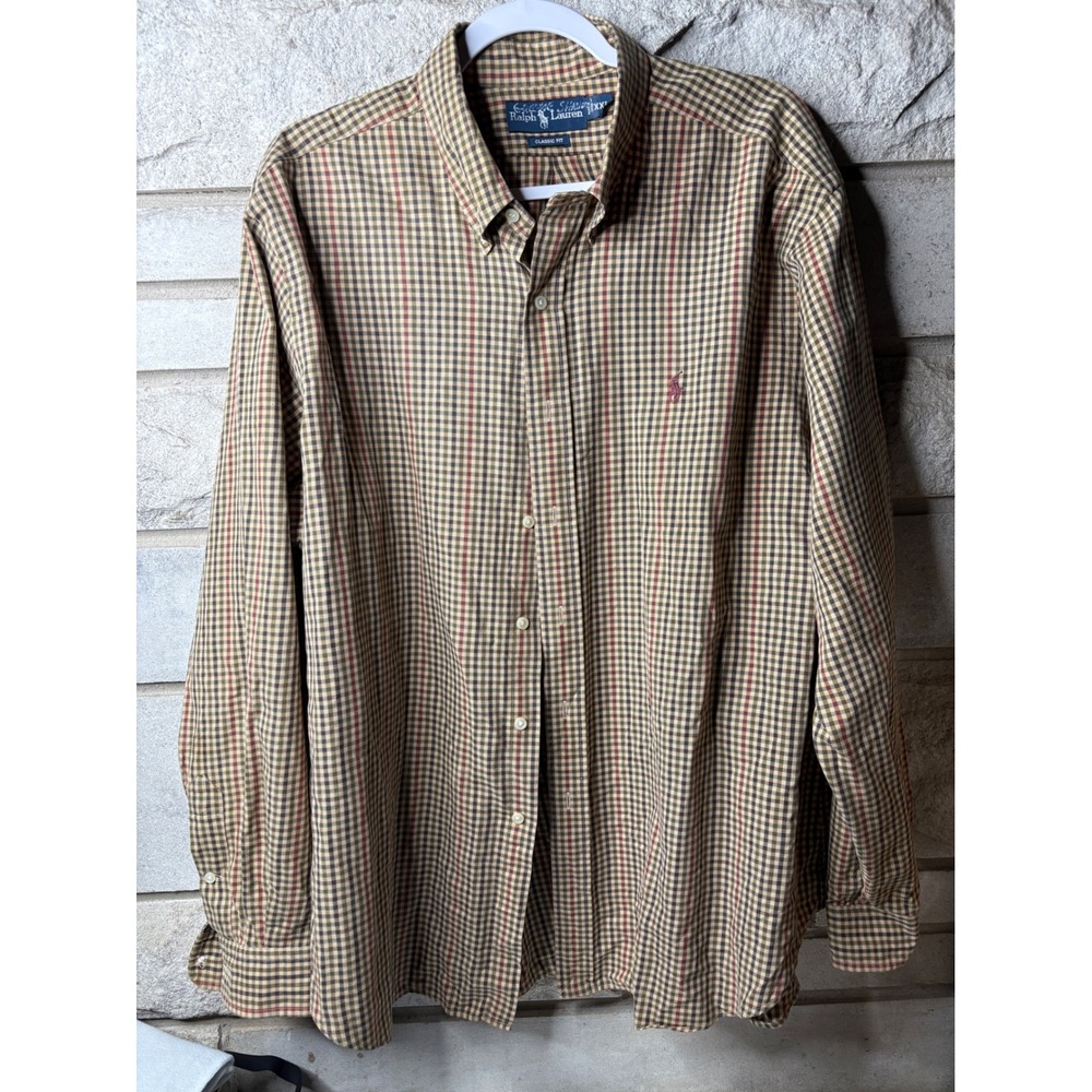 Ralph Lauren Estate Mens Classic Fit Tattersall‎ Plaid Button Down Shirt Tan XL